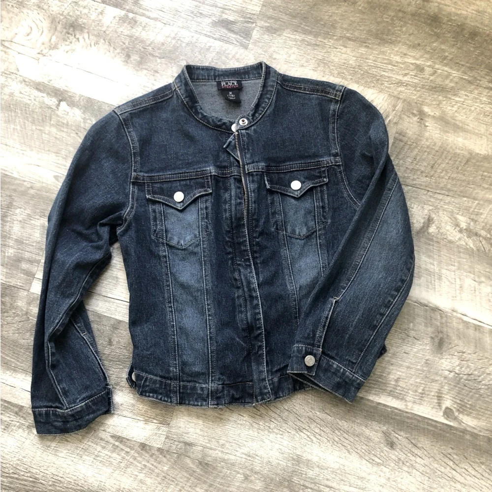 The Children’s Place Stretch Denim Blue Jean Jacket Dark Wash Zip Down Front 7/8